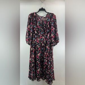 Calvin Klein High Low Faux Wrap Dress- Black Multi- Size 18 W